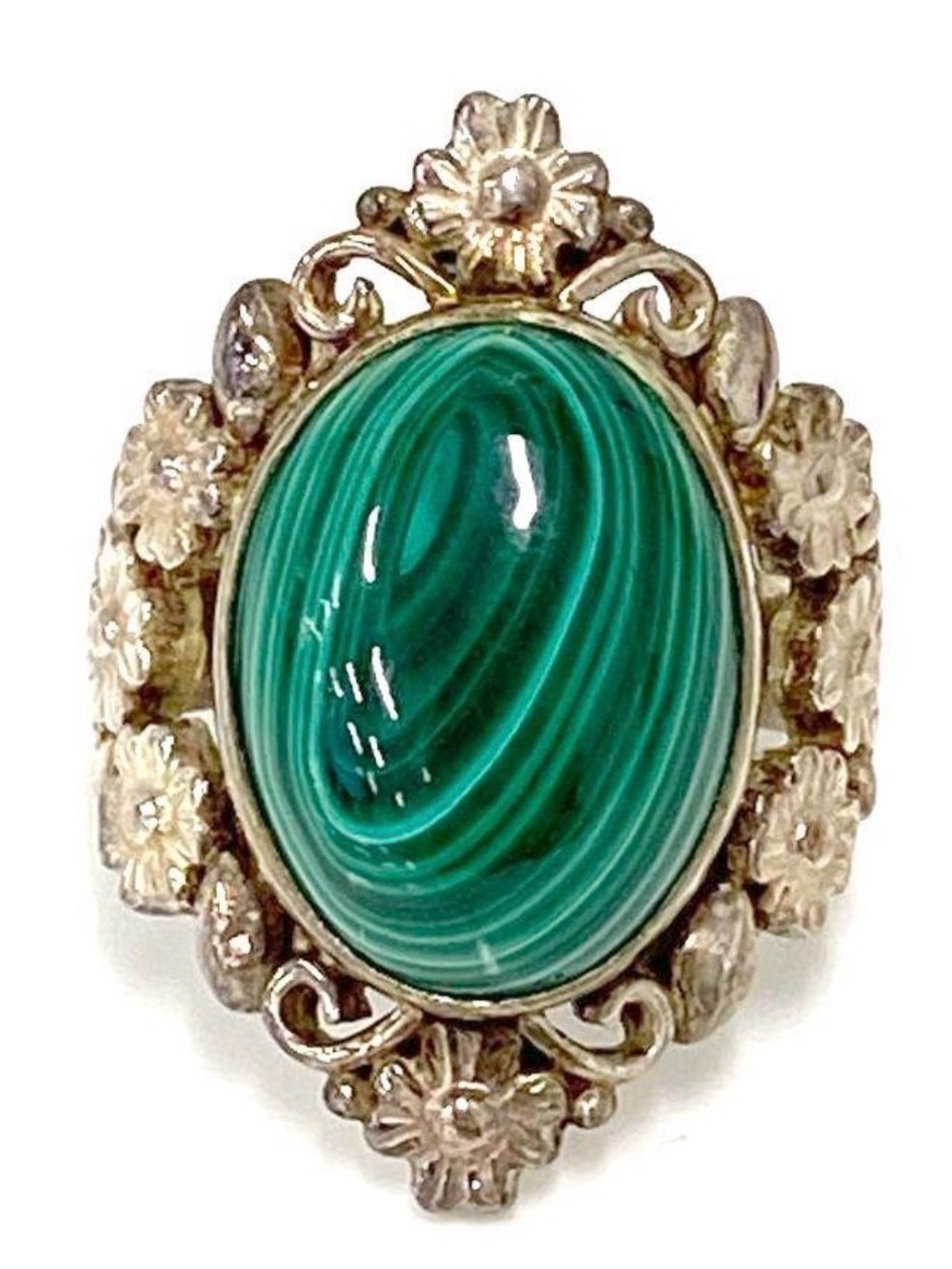 Antique Malachite Oval Statement Ring in Sterling Silver Floral Setting